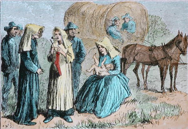 Pionieri del treno di carri americani, c.1860 (incisione colorata) da American School
