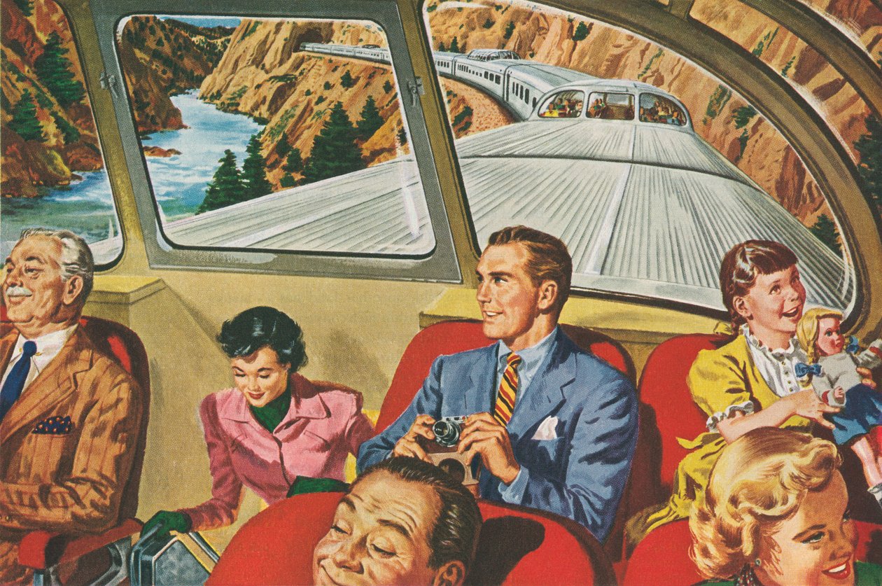 Viaggiatori che si godono un viaggio in treno futuristico da American School