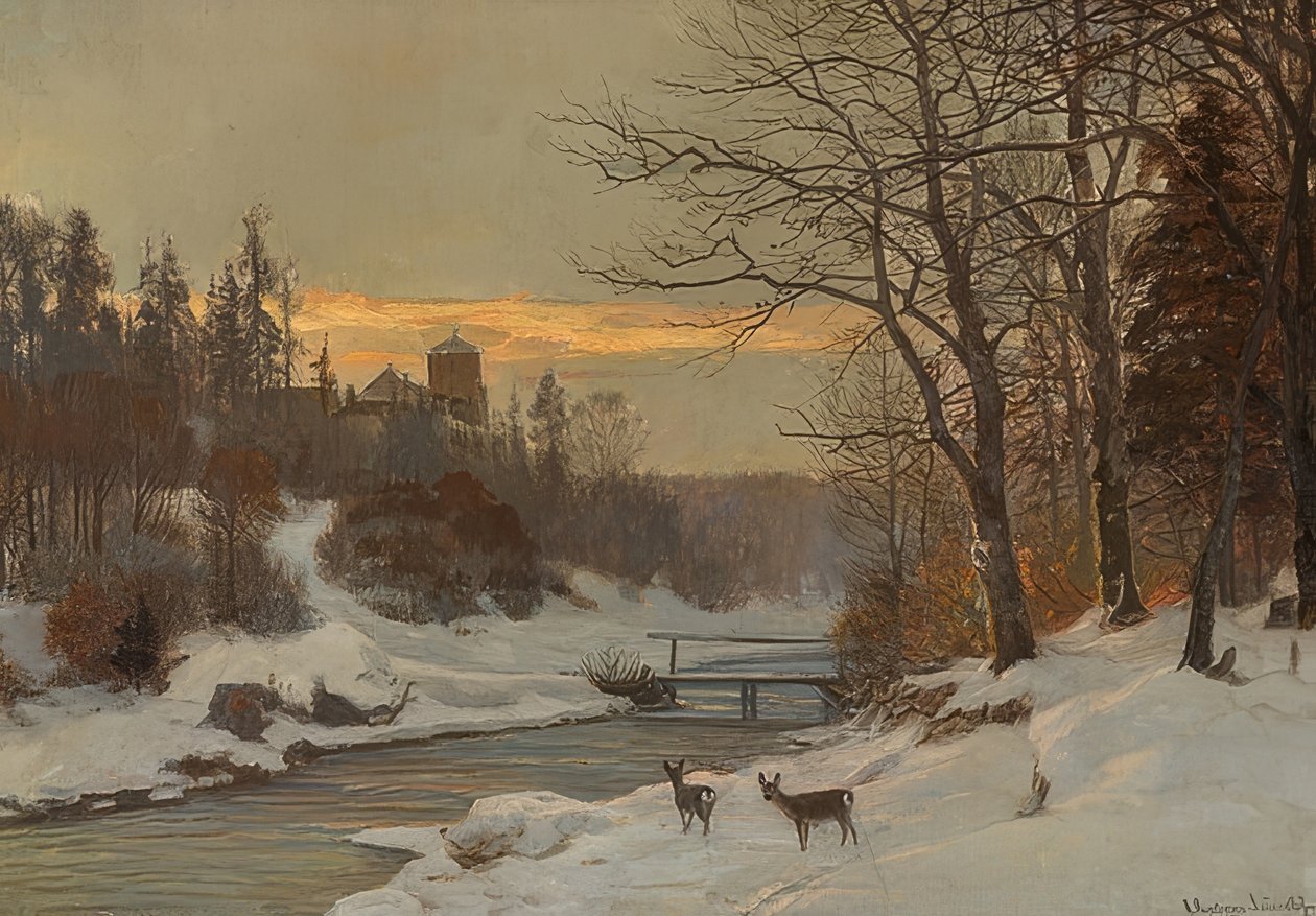 Paesaggio invernale con torrente da Anders Andersen Lundby