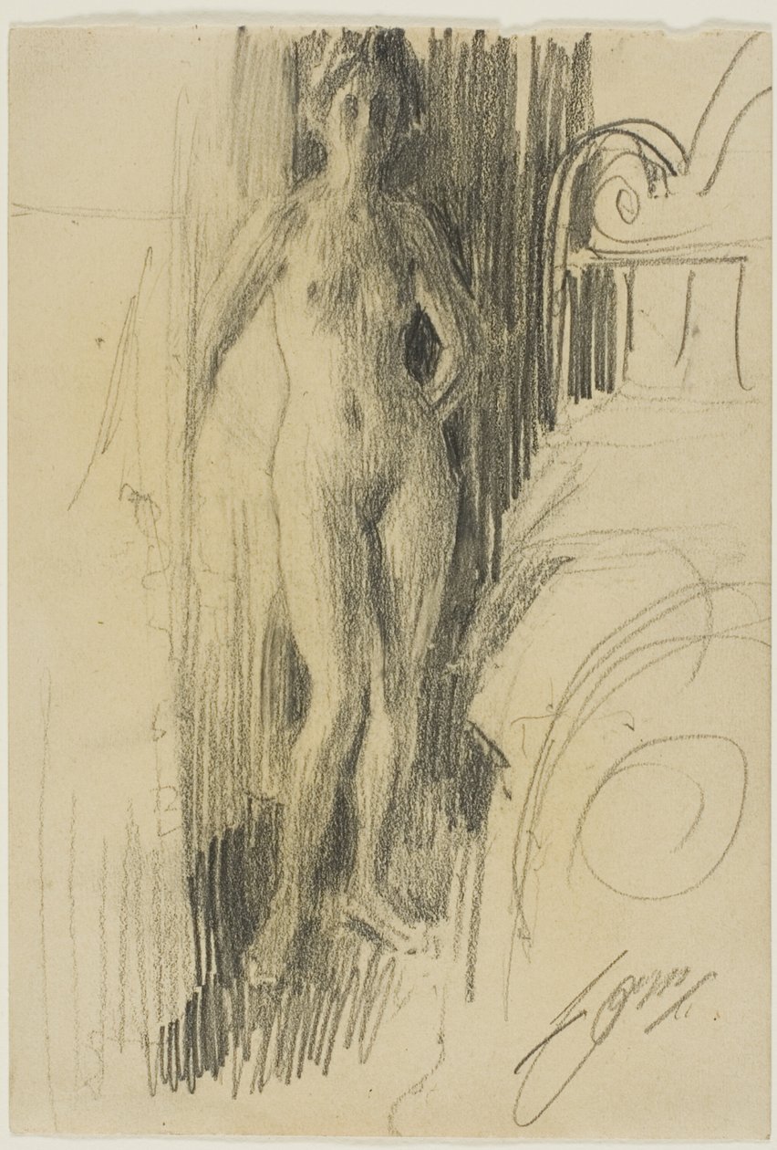 Figura nuda in piedi vicino a un letto da Anders Leonard Zorn