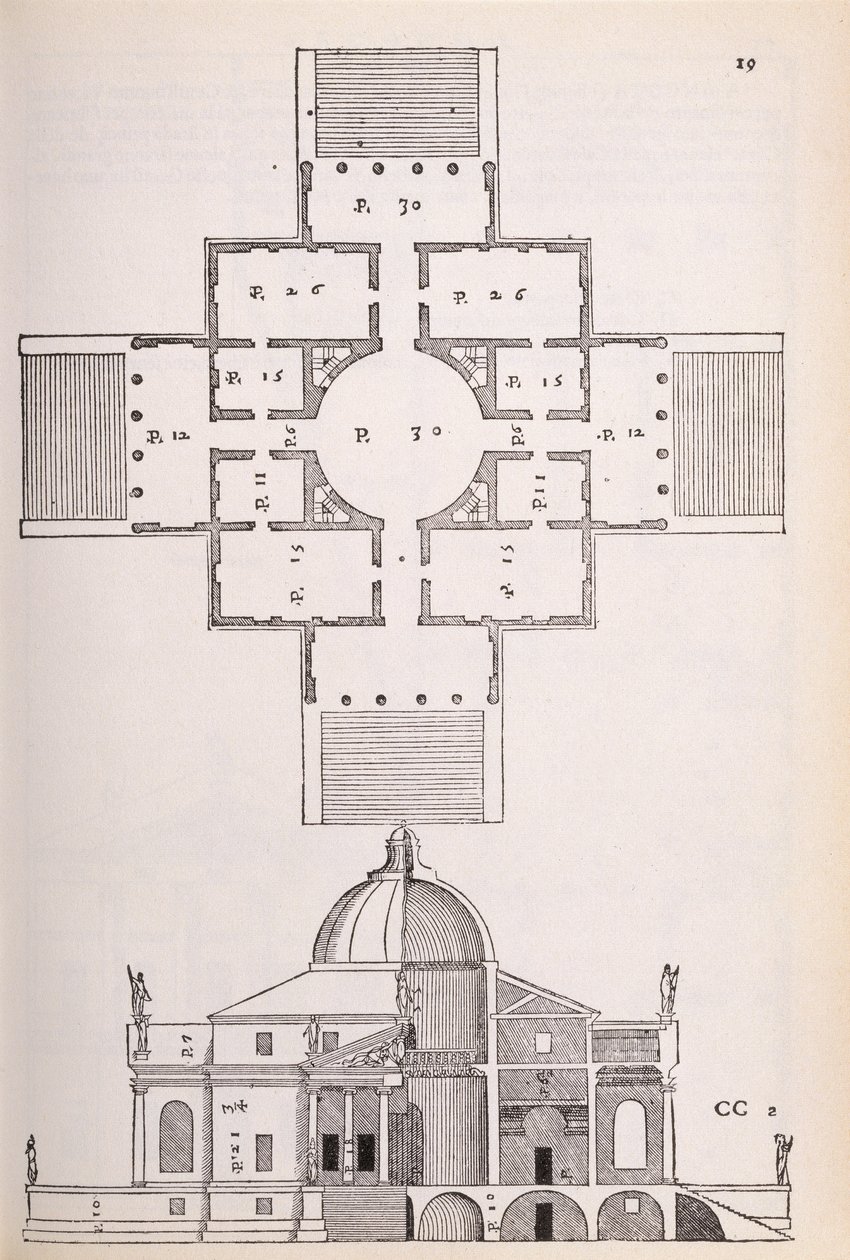 Piano e sezione trasversale di Villa Rotonda, illustrazione da una copia facsimile di 