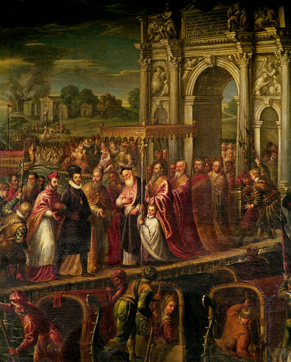 Il re Enrico III (1551-89) di Francia visita Venezia nel 1574, scortato dal Doge Alvise Mocenigo (1570-77) e accolto dal Patriarca Giovanni Trevisan, dalla Sala delle Quattro Porte da Andrea Vicentino