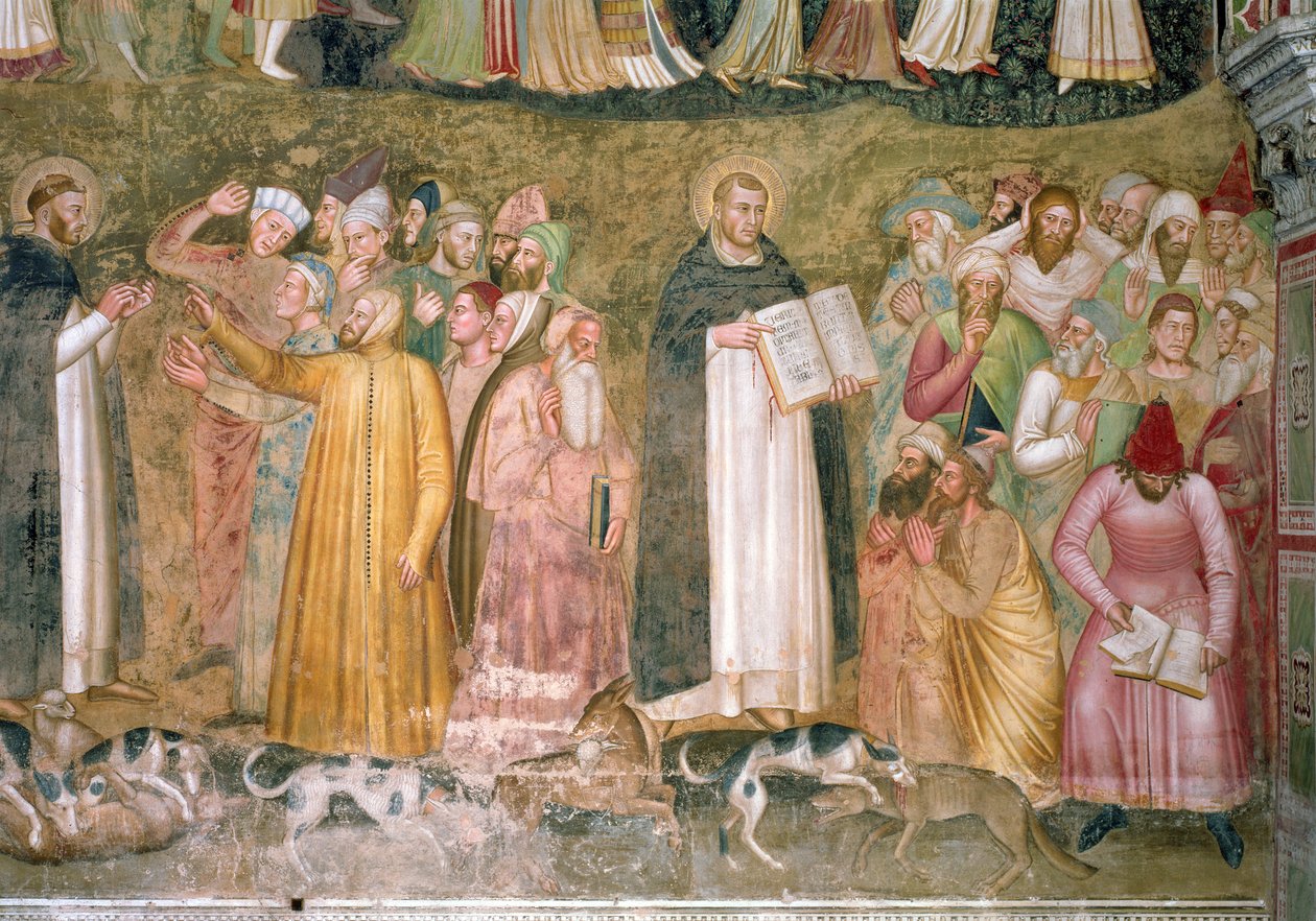 La Chiesa Militante e Trionfante, dettaglio di SS. Tommaso e Pietro che confutano gli eretici (Cappella Spagnola) da Andrea di Bonaiuto