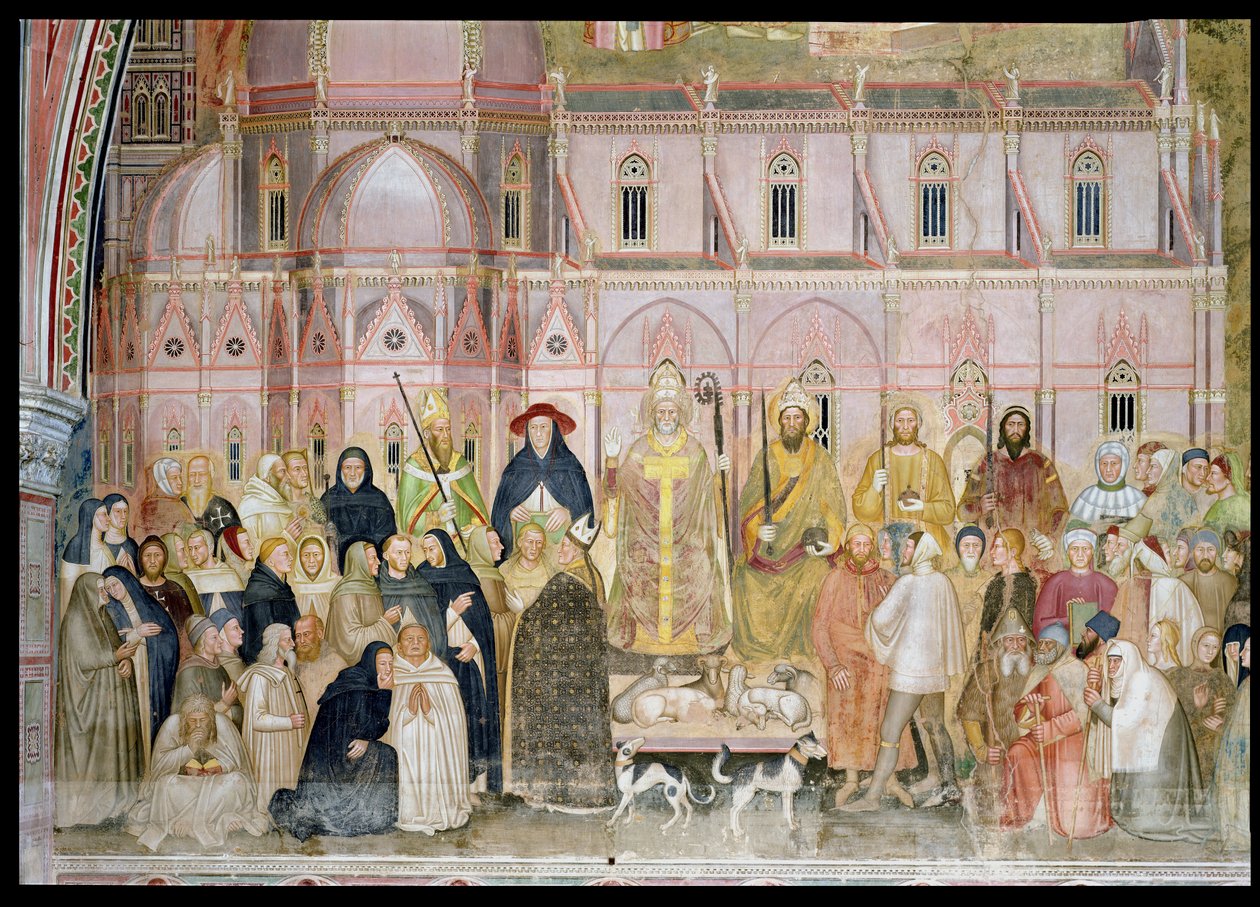 La Chiesa Militante e Trionfante, dettaglio delle autorità secolari con Santa Maria del Fiore sullo sfondo (Cappella Spagnola) da Andrea di Bonaiuto