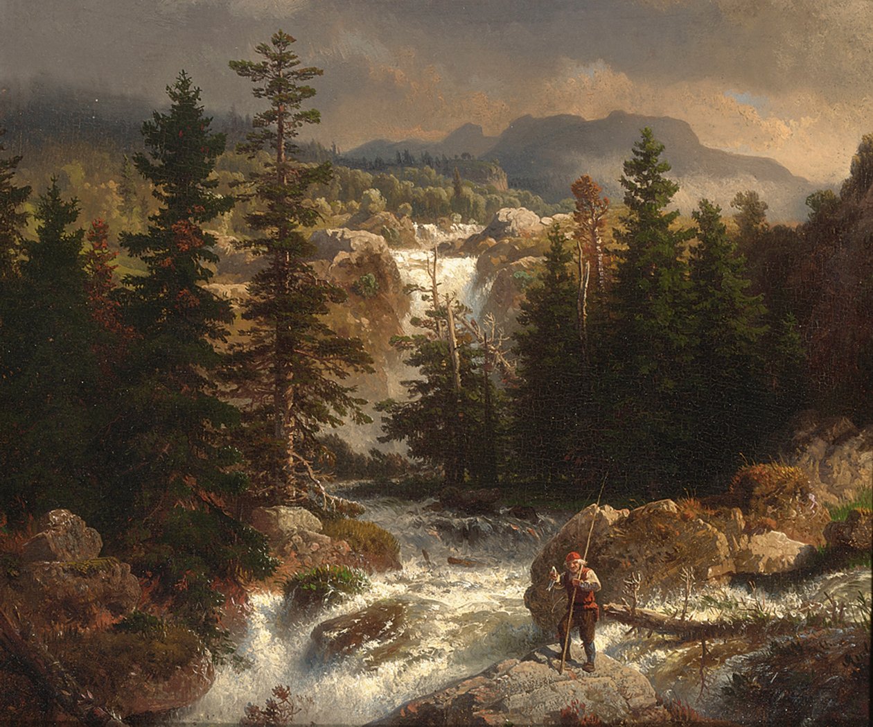 Un pescatore ispeziona la sua cattura su un torrente selvaggio da Andreas Achenbach