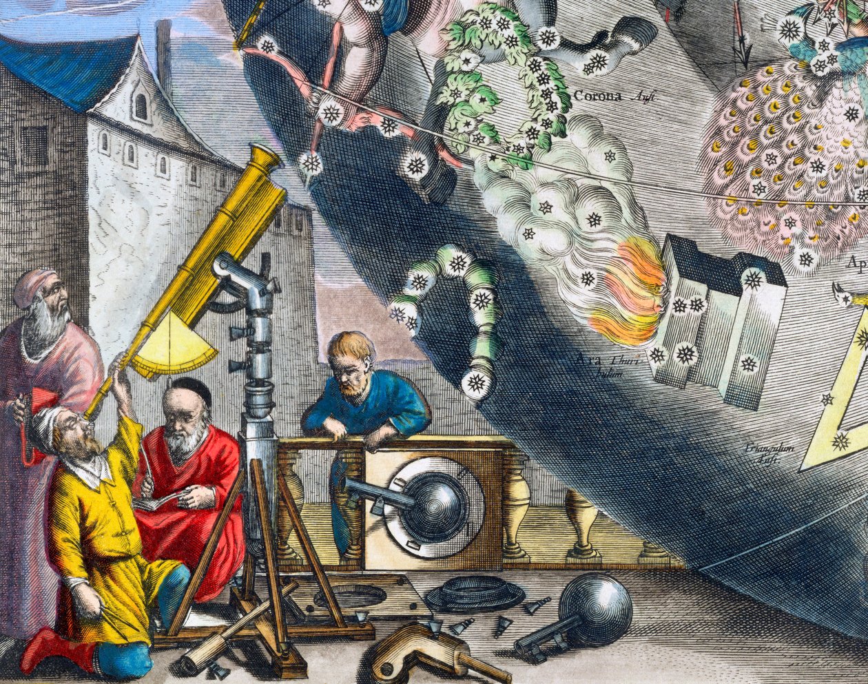Astronomi che osservano attraverso un telescopio da Andreas Cellarius