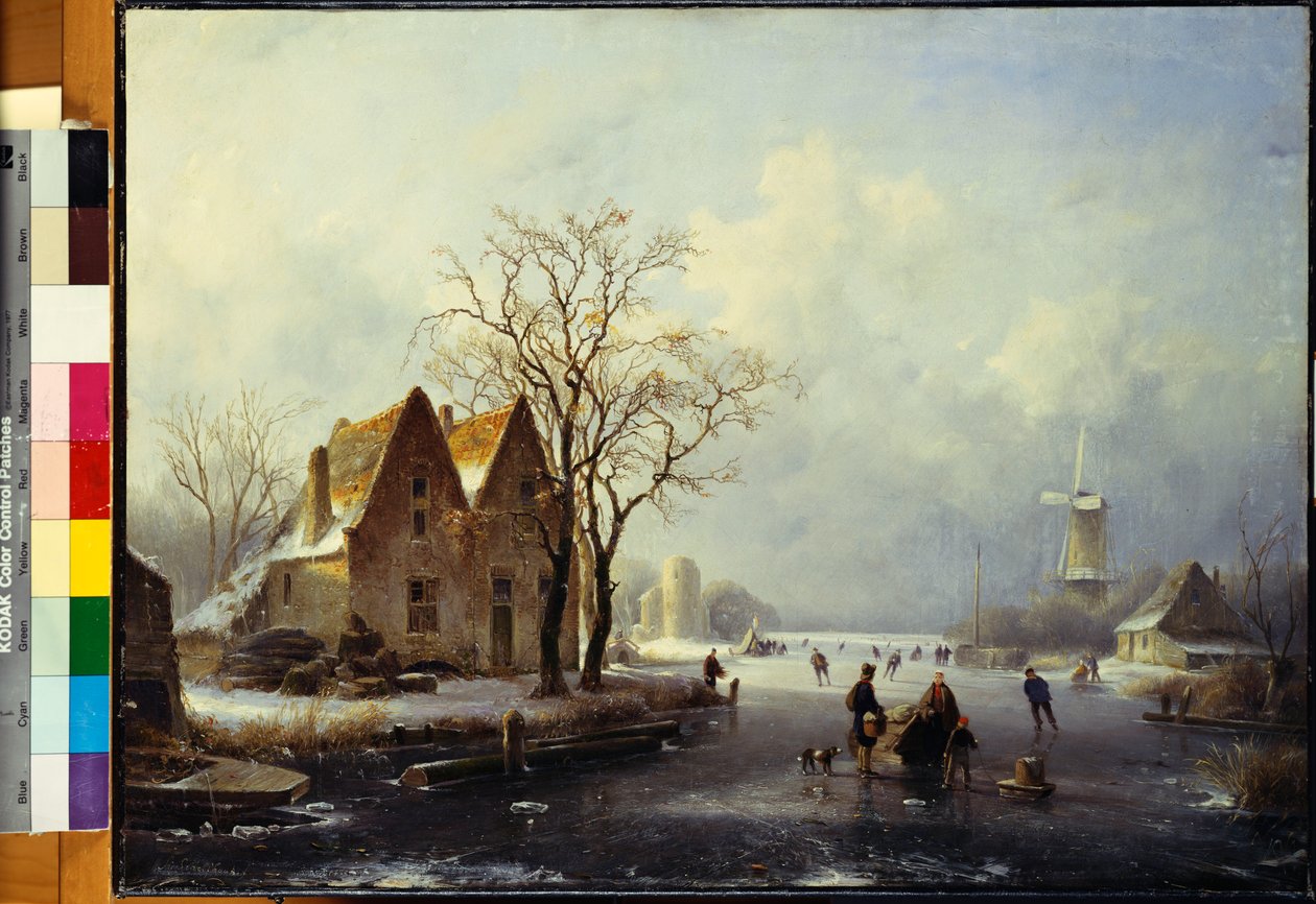 Pattinatori in un paesaggio invernale ghiacciato da Andreas Schelfhout
