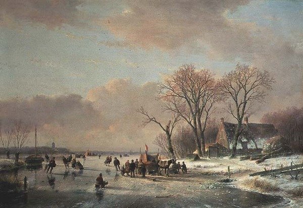 Paesaggio fluviale invernale con numerosi pattinatori da Andreas Schelfhout