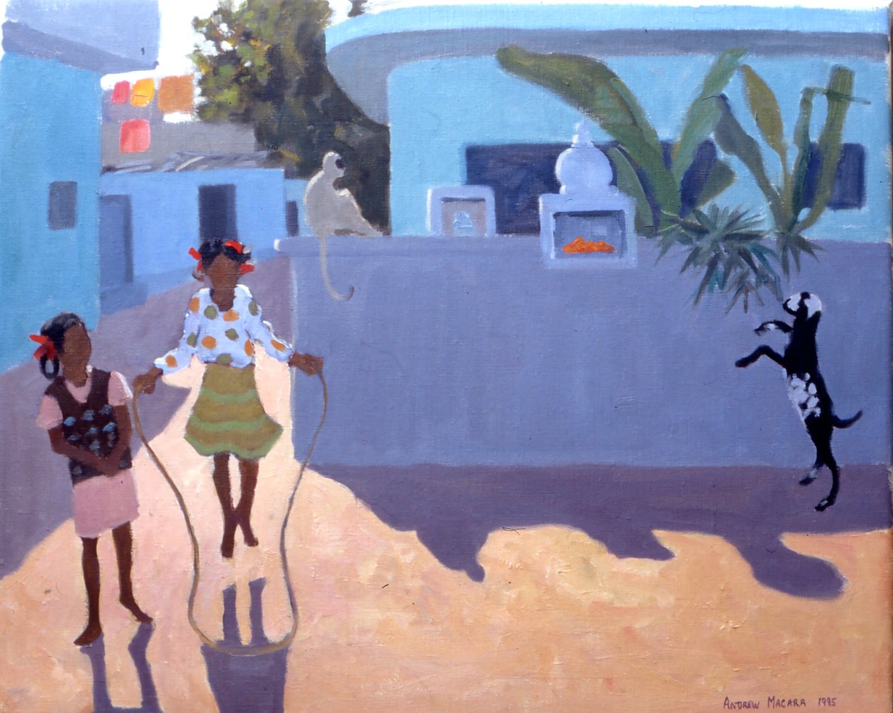 Ragazza che salta, scimmia e capra, India da Andrew Macara