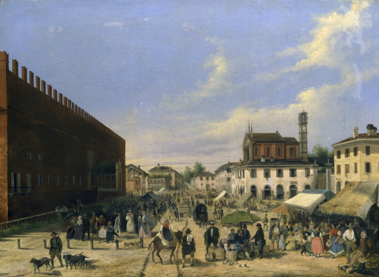 Piazza del mercato a Belgioioso da Angelo Inganni