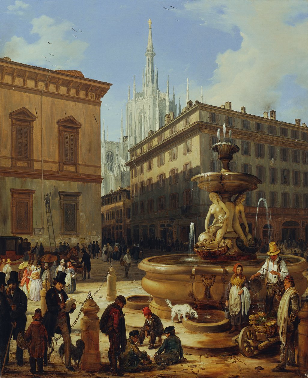 Veduta di strada a Milano, con il Duomo sullo sfondo da Angelo Inganni