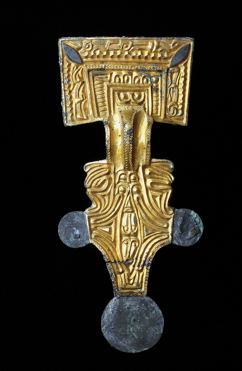 Lunga fibbia quadrata in bronzo dorato da Anglo Saxon