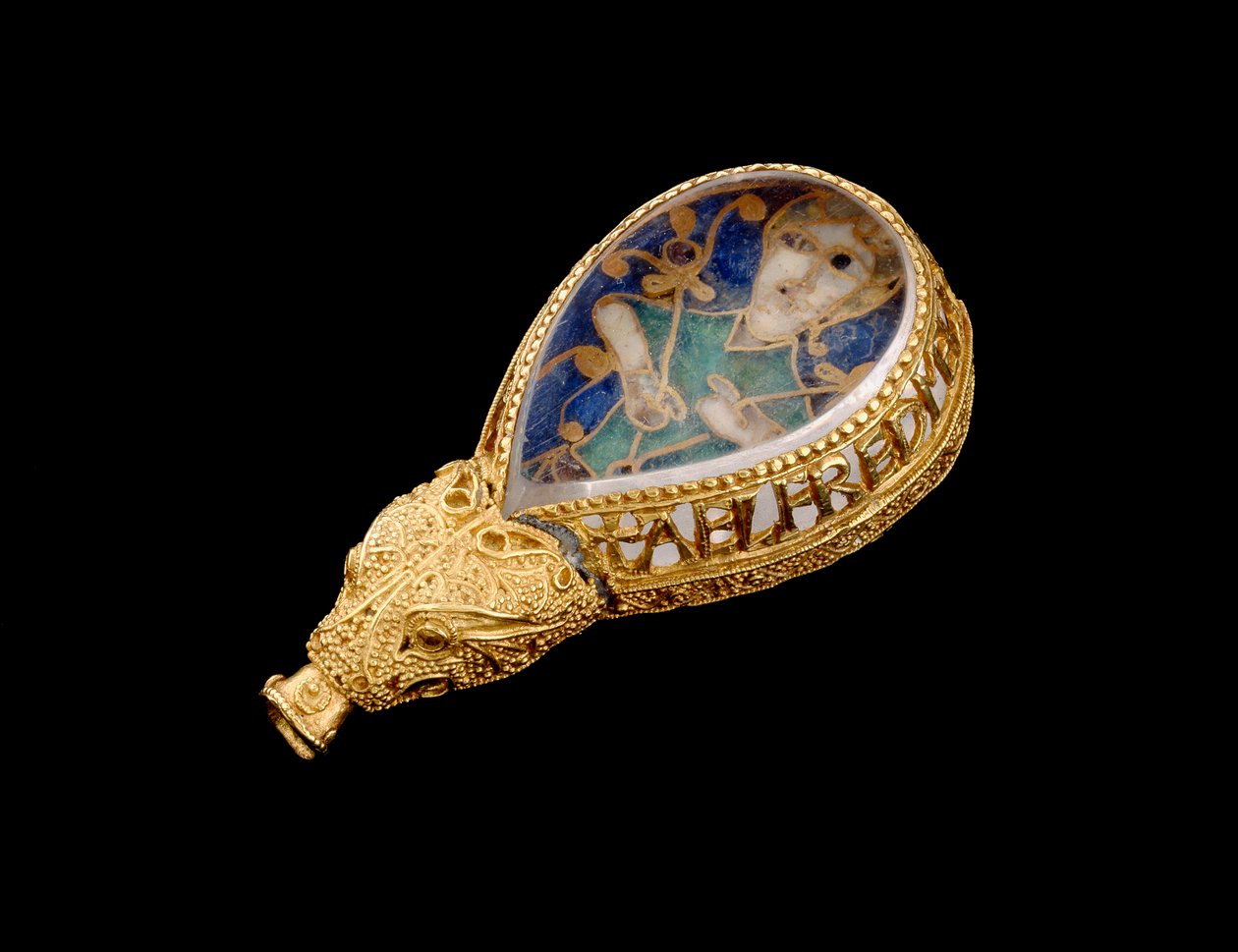 Il gioiello di Alfredo (oro, cristallo di rocca e smalto) (vista laterale) da Anglo Saxon