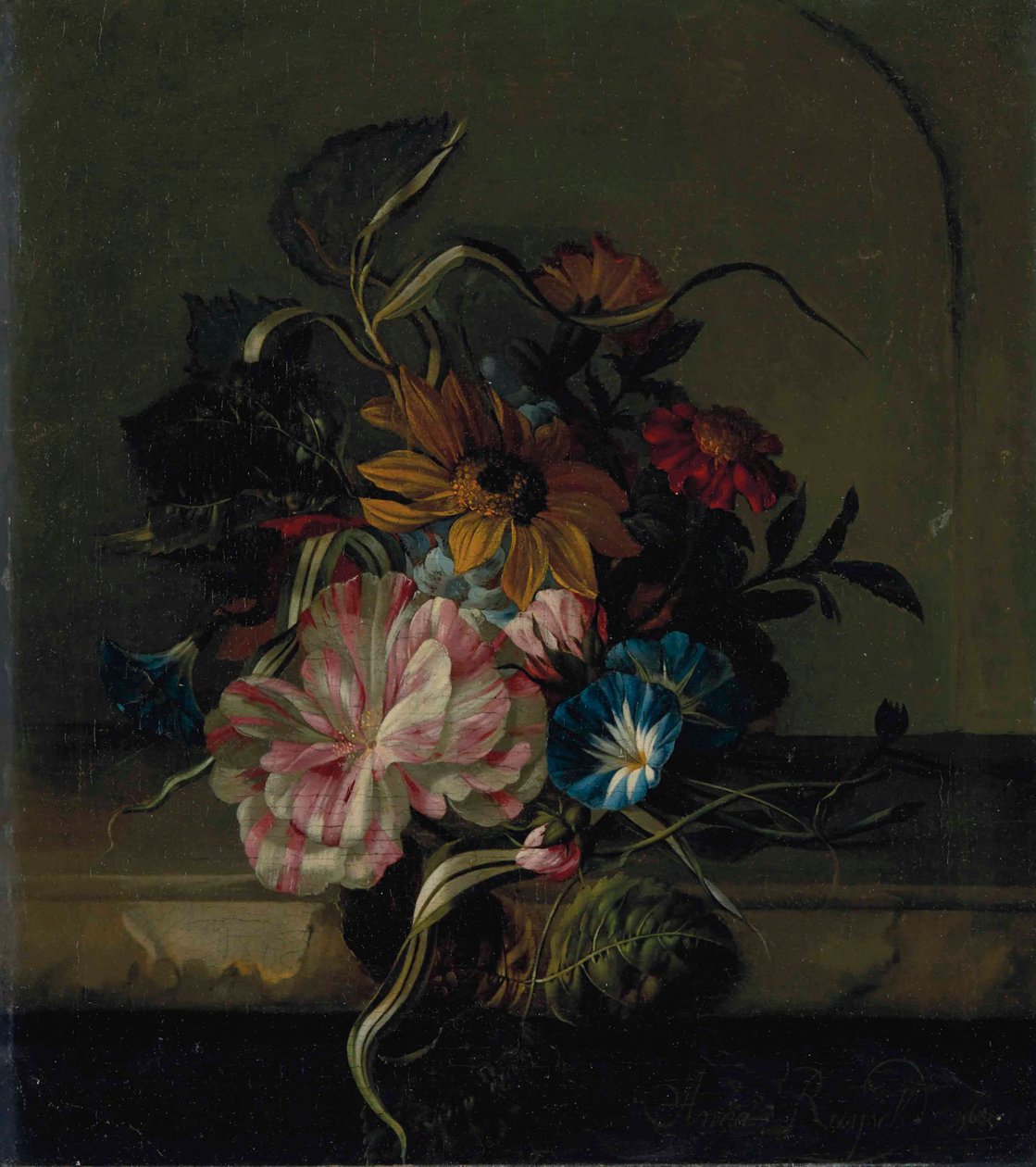 Girasole, convolvolo e tulipano bicolore da Anna Elisabeth Ruysch