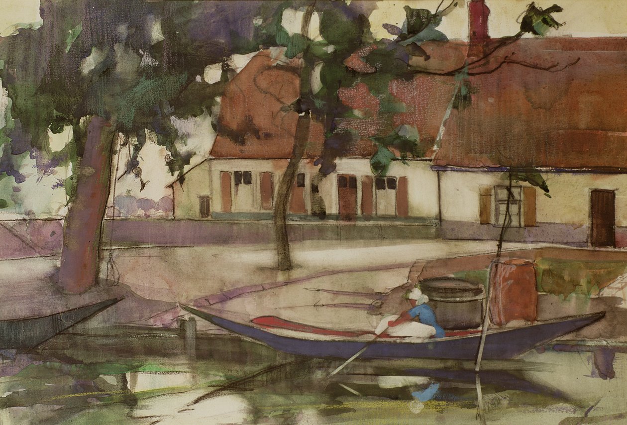 Barca su un canale, villaggio francese da Anne Redpath