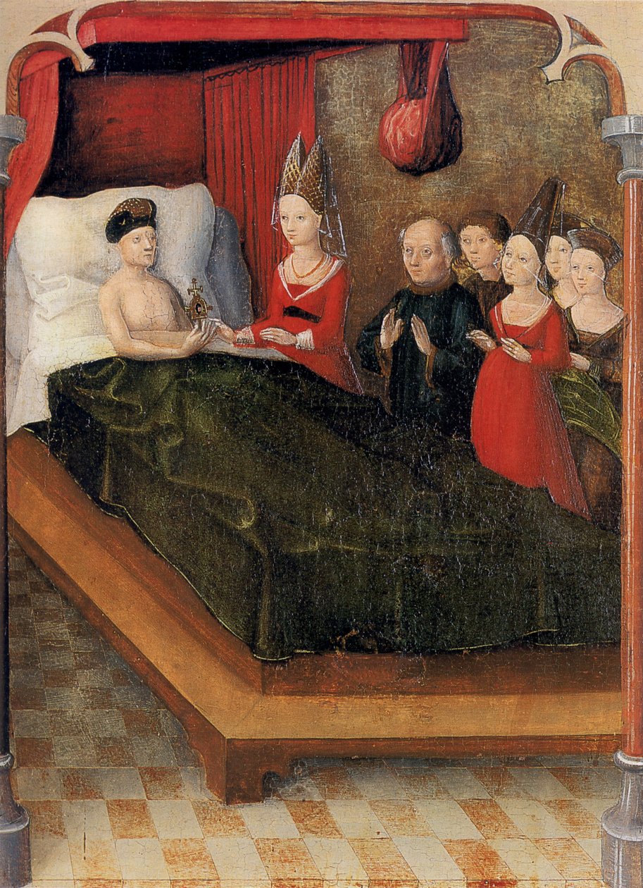 Pannello del Sacro Sangue di Weingarten del 1489. Landesmuseum Württemberg, Stoccarda. Pannello 20: Alla sua morte, il conte Balduin lascia la reliquia a sua figlia Judith da Unknown