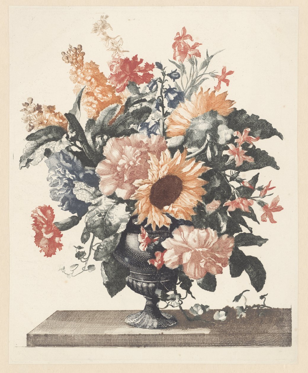 Vaso di pietra con girasoli e garofani da Anonymous