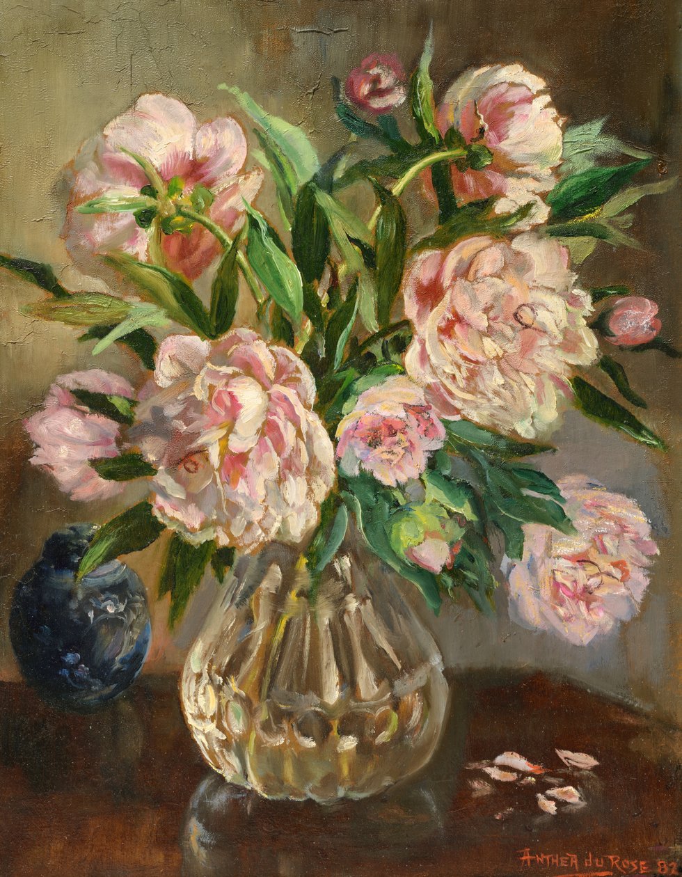 Peonie in un vaso di vetro da Anthea Durose