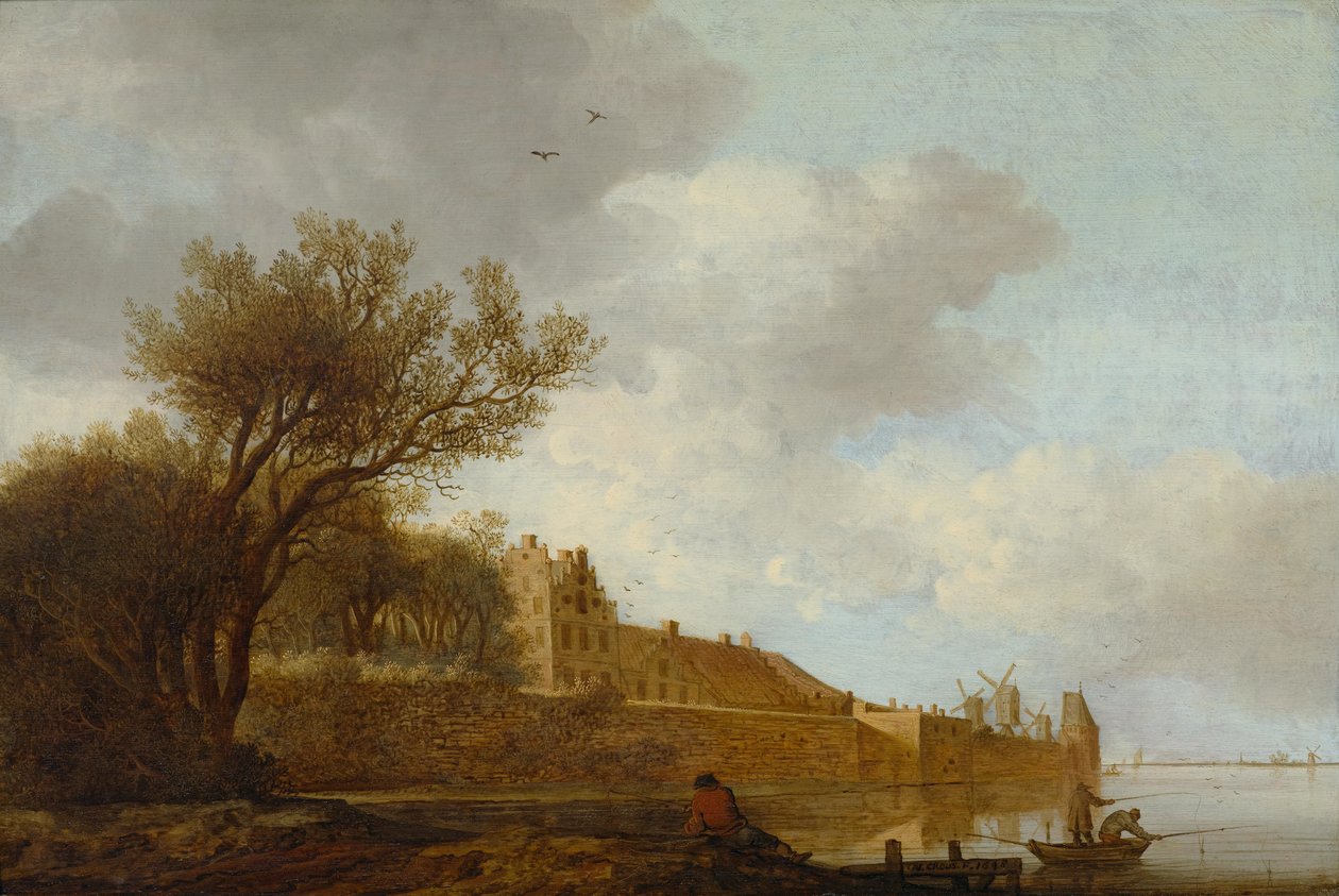 Foce del fiume con pescatore davanti a una città da Anthonie Jansz. van der Croos  