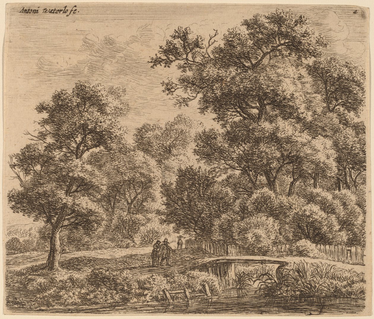 Paesaggio boscoso con un ponte da Anthonie Waterloo