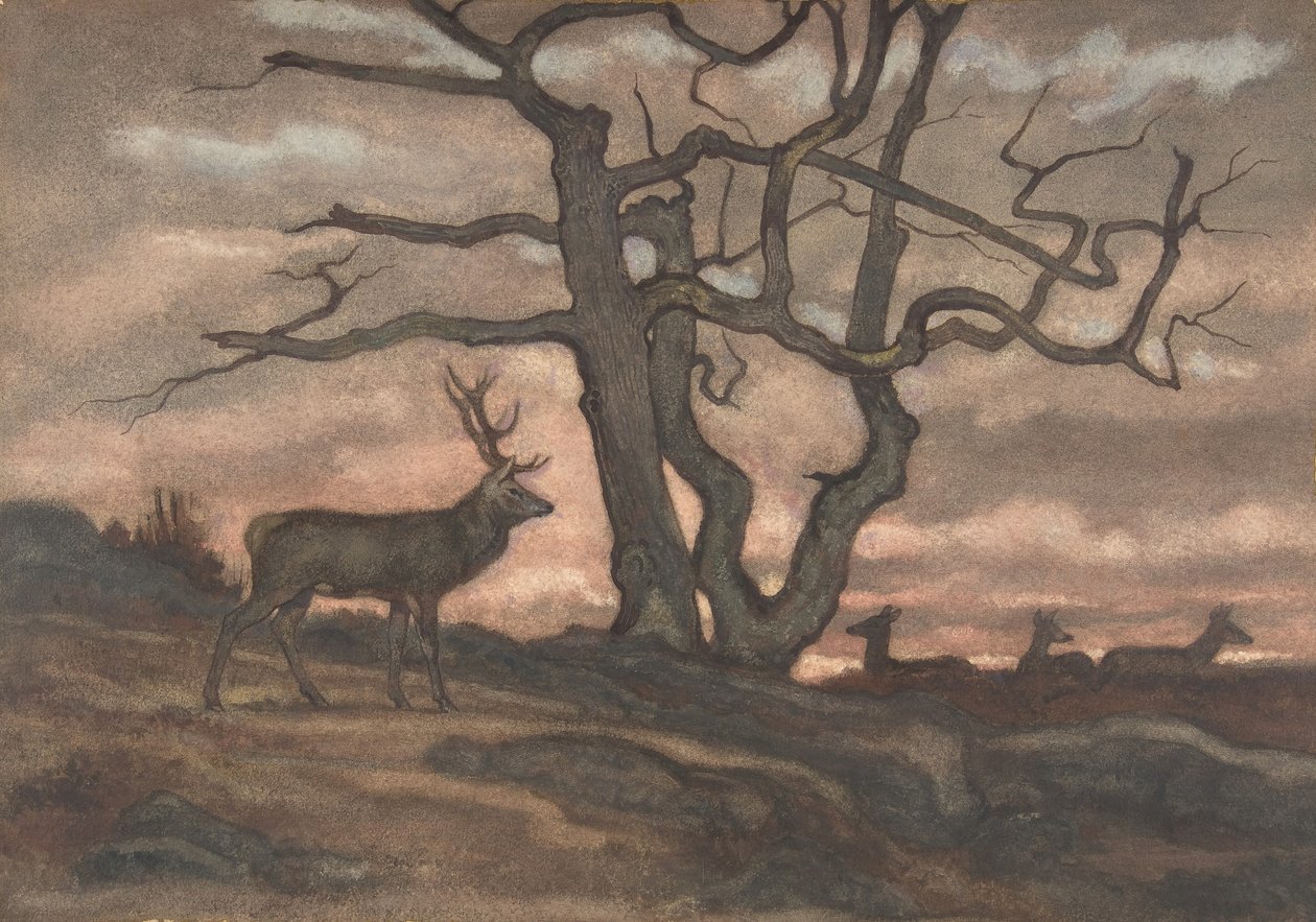 Cervo e albero contro il tramonto, 1810-75 da Antoine Louis Barye