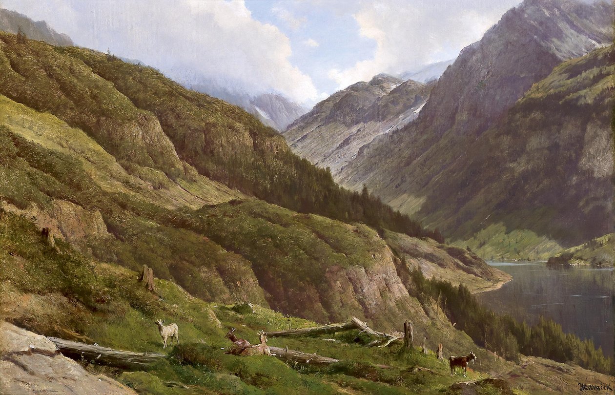 Tedesco: Paesaggio montano con capre al pascolo da Anton Hlavacek
