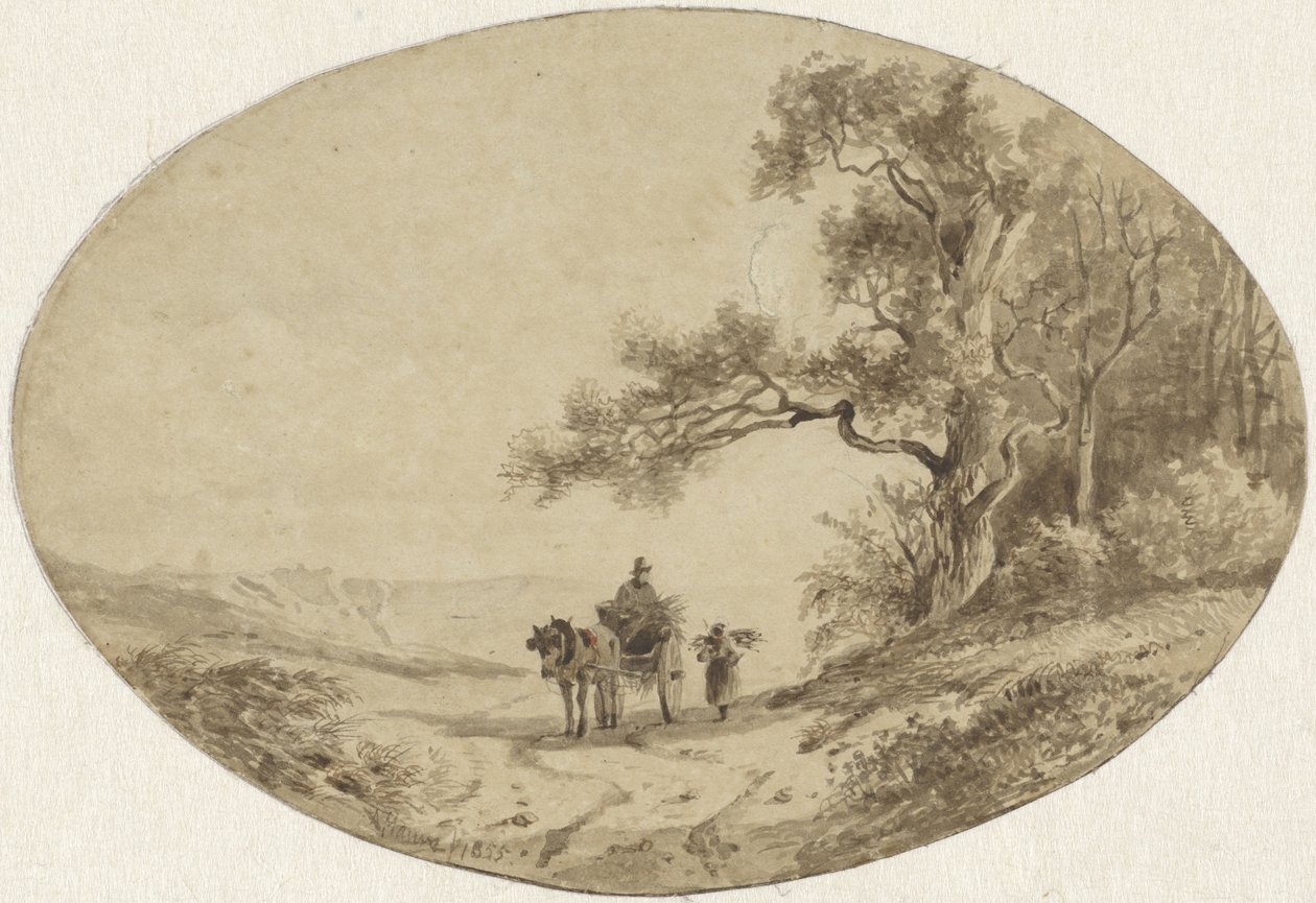 Raccoglitore di legna con cavallo e carro sulla strada da Anton Mauve