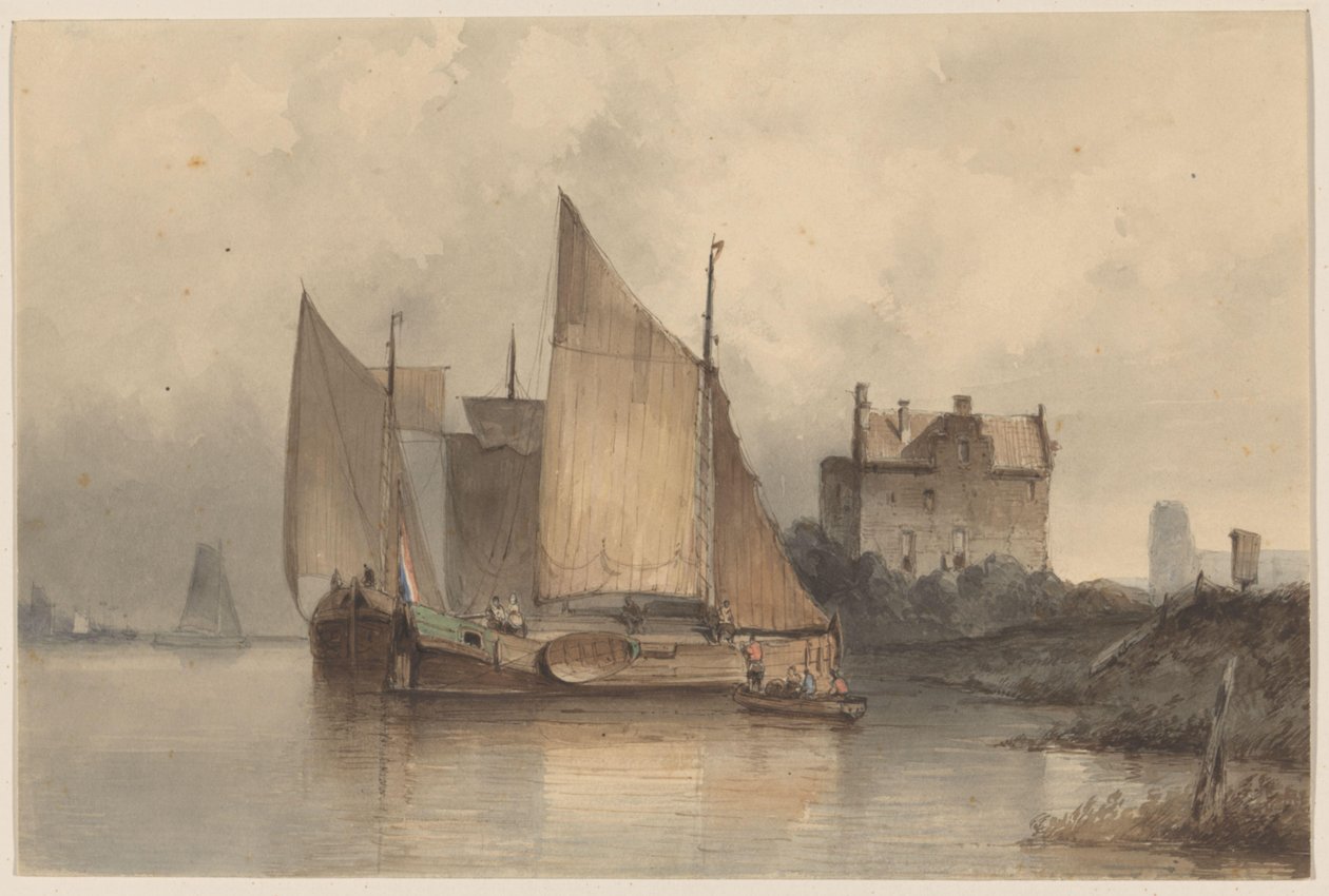 Vista del fiume con una barca a vela da Antonie Waldorp