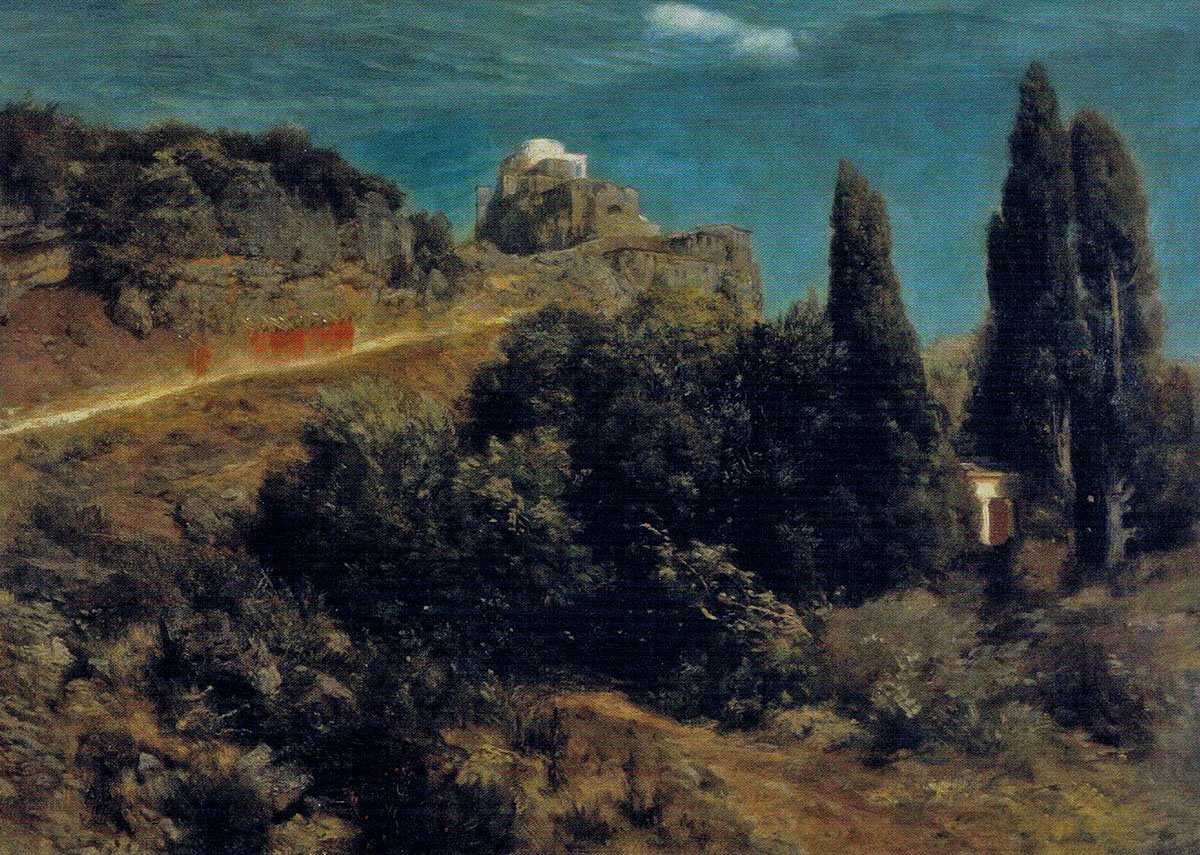 Castello di montagna con corteo di guerrieri da Arnold Böcklin