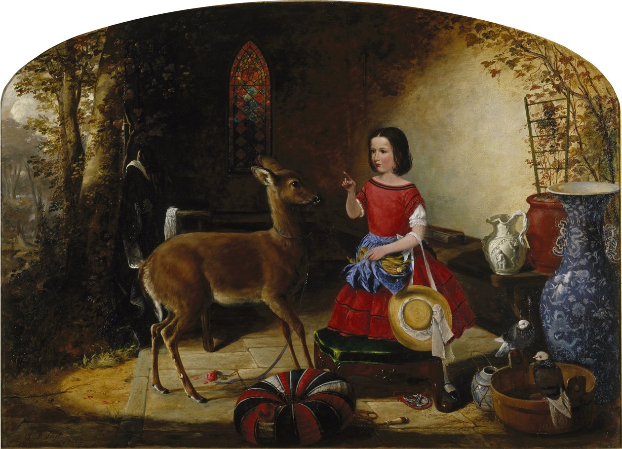 Il rimprovero. Ah! Birbante di un cerbiatto, hai mangiato di nuovo i fiori. da Arthur Fitzwilliam Tait