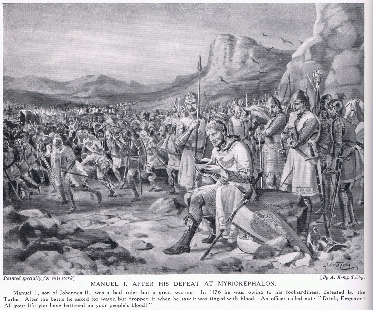 Manuele I, dopo la sua sconfitta a Myriokephalon 1176 d.C. da Arthur Kemp Tebby