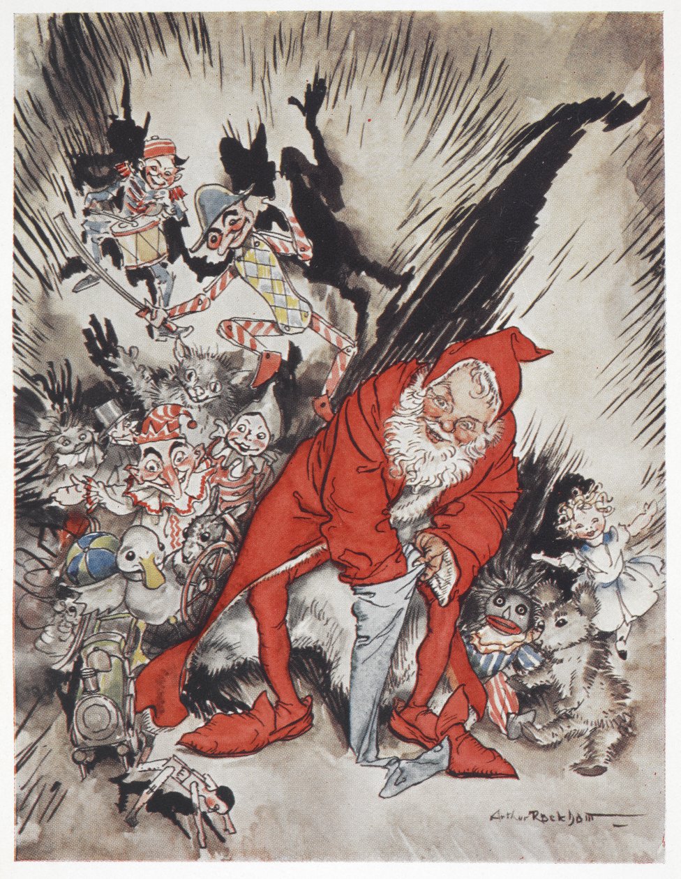 Babbo Natale circondato da regali da Arthur Rackham