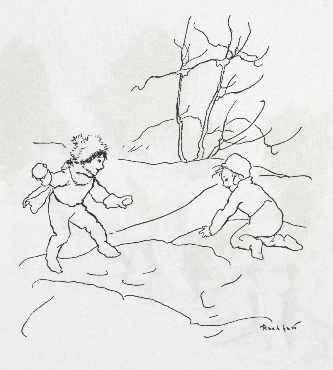 Due bambini che fanno una battaglia di palle di neve da Arthur Rackham