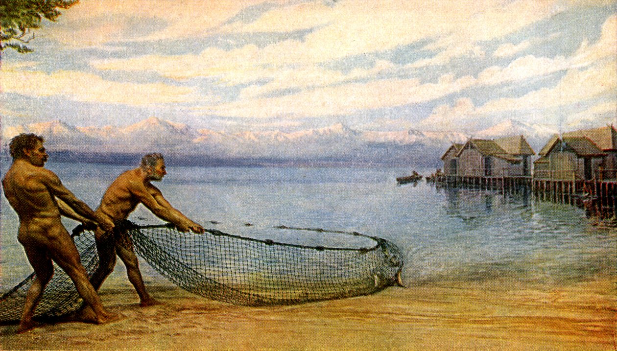 Abitanti del lago che pescano, Uomo preistorico (stampa) da Artist Unknown