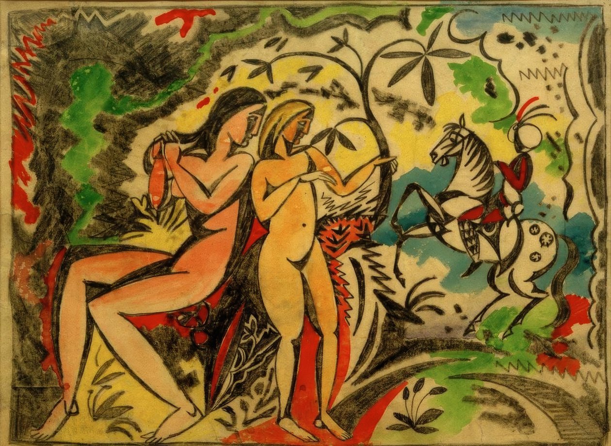 Bagnanti e cavaliere turco, bozzetto per ricamo da August Macke