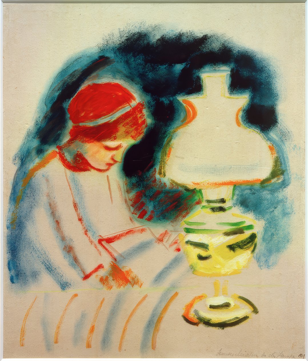 Ragazza che legge alla lampada, 1911 da August Macke
