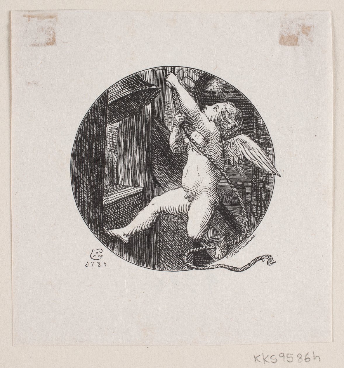 Vignetta circolare con angelo volante da August Jerndorff