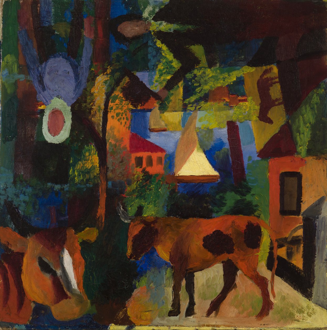 Paesaggio con mucche, barca a vela e figure dipinte da August Macke