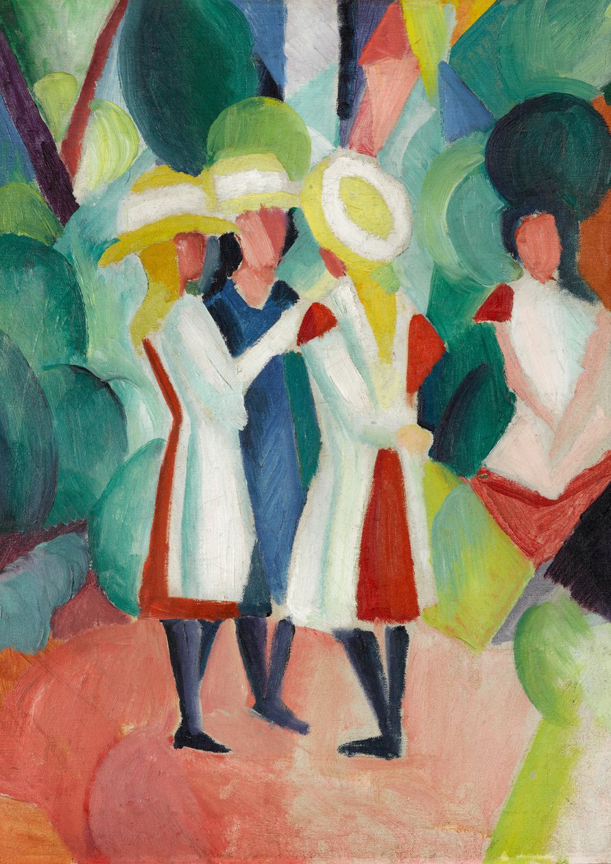 Tre ragazze con cappelli di paglia gialli da August Macke