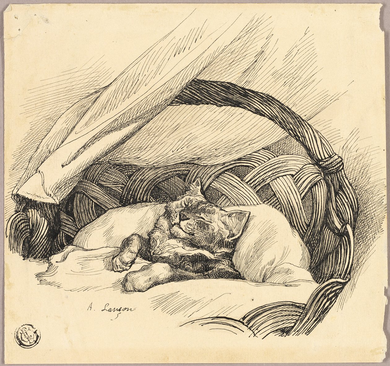 Gatto addormentato in una cesta da Auguste Andre Lancon