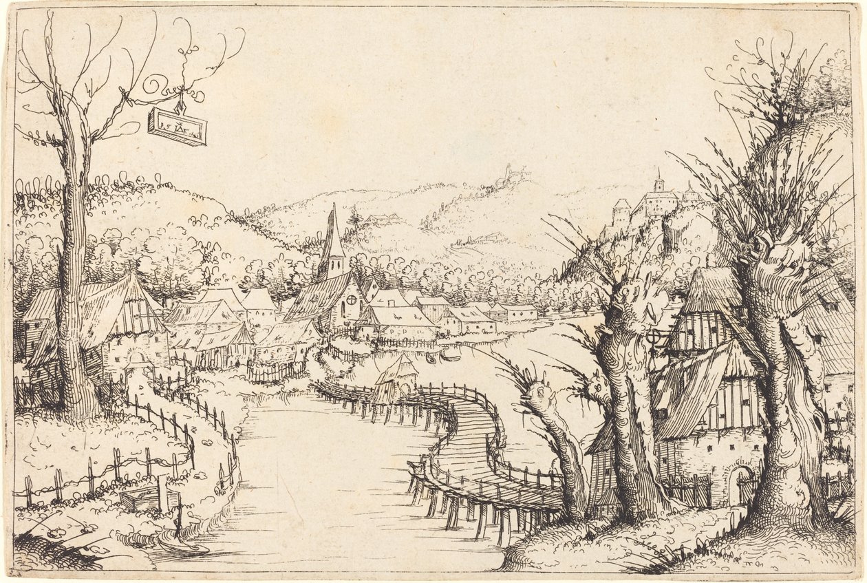 Paesaggio fluviale con ponte di legno da Augustin Hirschvogel