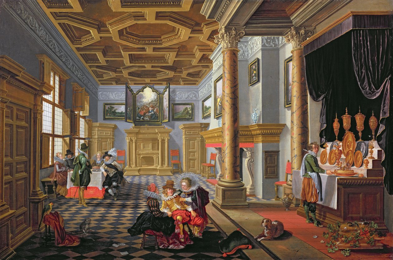 Figure eleganti che cenano in un interno di corte da B. van and Velde, E. van de Bassen