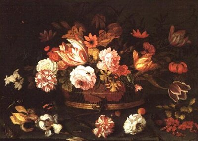 Rose, tulipani in un cesto da Balthasar van der Ast