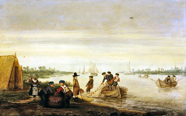 Scena fluviale con pescatori che tirano le reti da Barent Avercamp