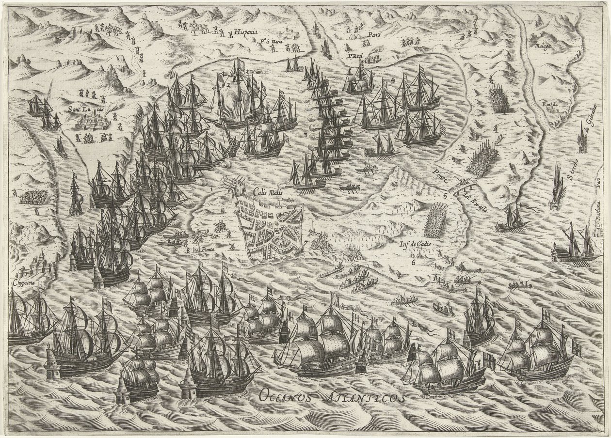 Battaglia navale davanti a Cadice, 1596 da Bartholomeus Willemsz. Dolendo (attributed to)