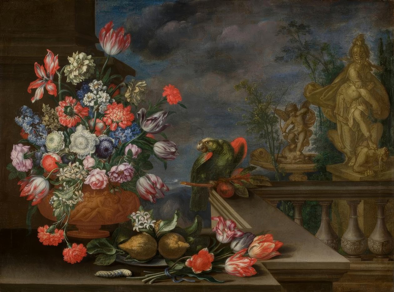 Natura morta con vaso di fiori, agrumi, pappagallo e scultura di fontana da Bartolomeo Ligozzi