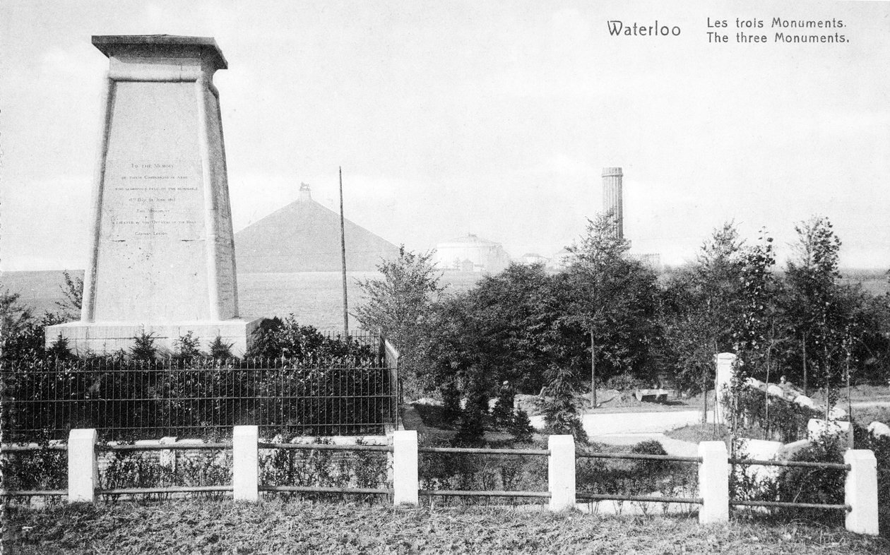 Tre monumenti eretti per commemorare la battaglia di Waterloo, cartolina commemorativa c.1912 da Belgian Photographer