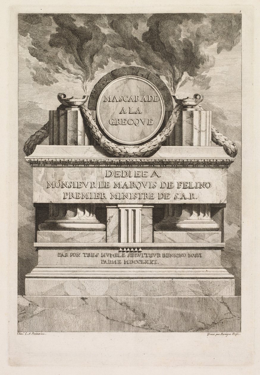 Mascherata alla greca: Pagina di dedica, 1771 da Benigno Bossi