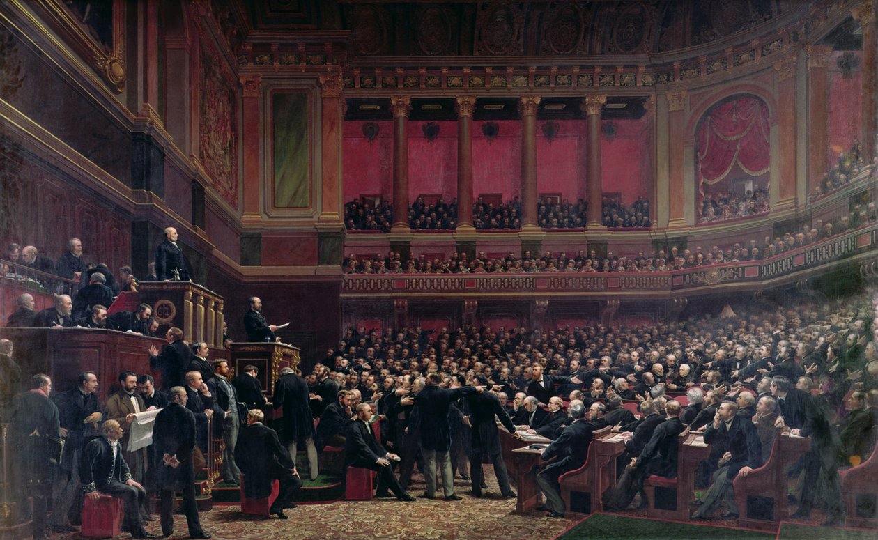 Louis Adolphe Thiers (1797-1877) acclamato dai deputati durante una riunione, 16 giugno 1877, c.1878 da Benjamin Ulmann