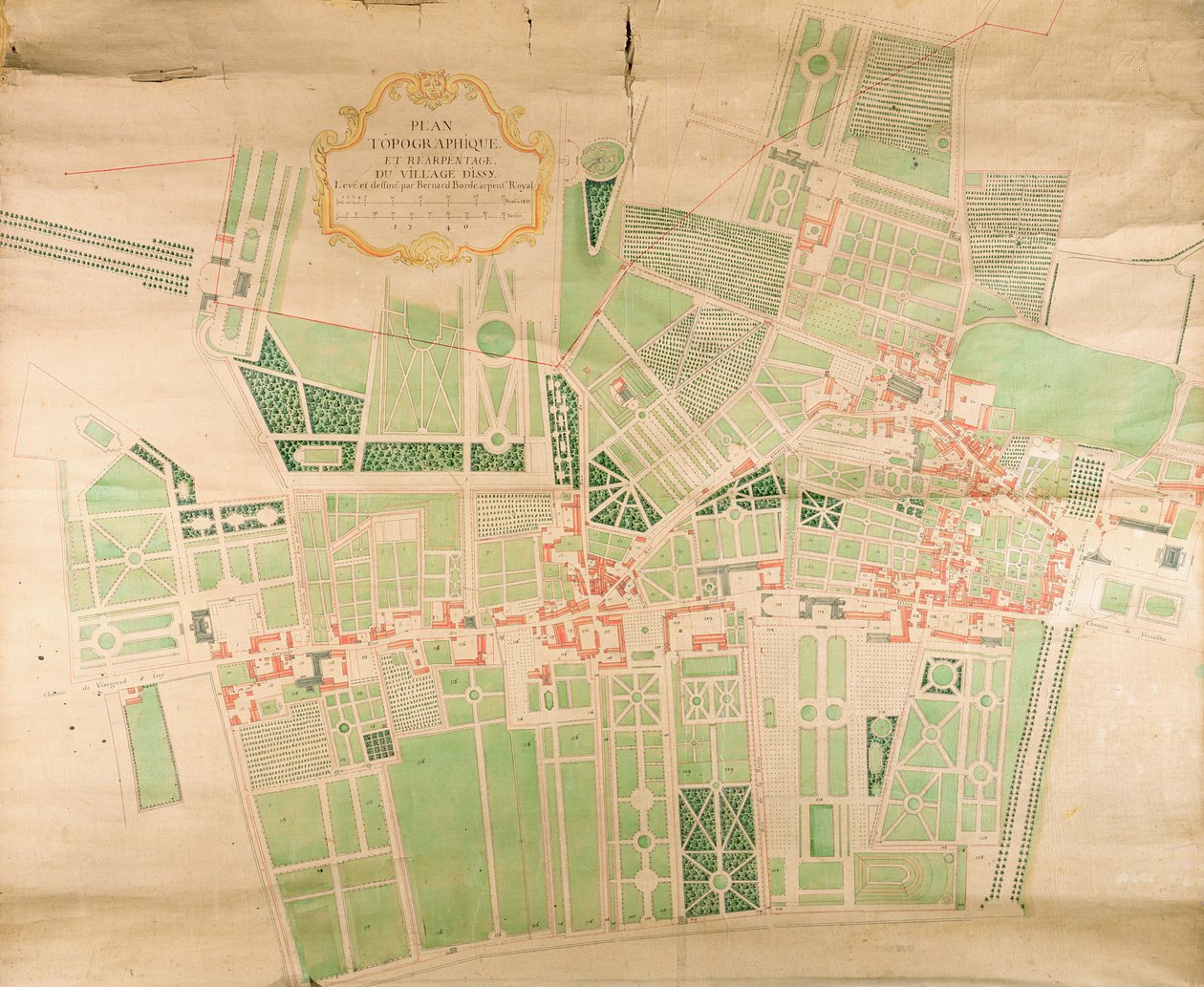 Mappa topografica e rilievo del villaggio di Issy, 1740 da Bernard Borde